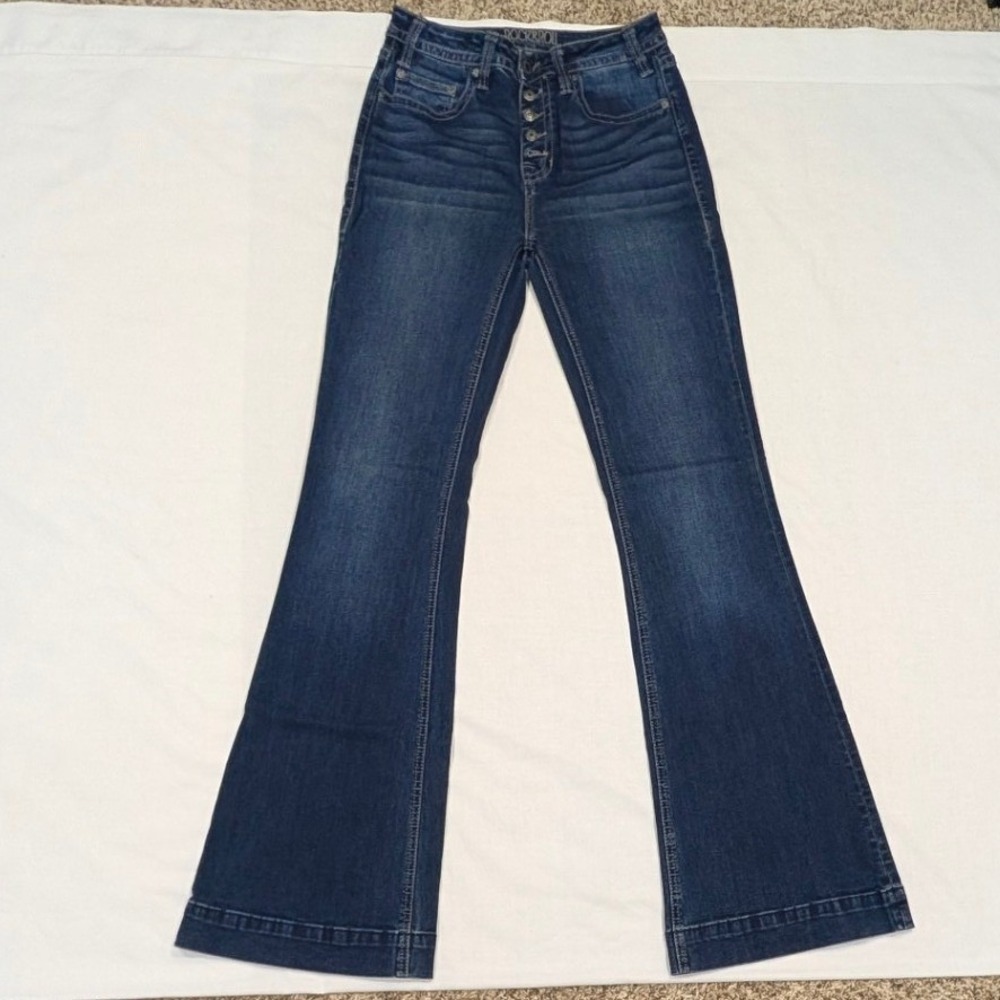 Rock and Roll Cowgirl Dark Wash High Rise Button Fly Flare Jeans